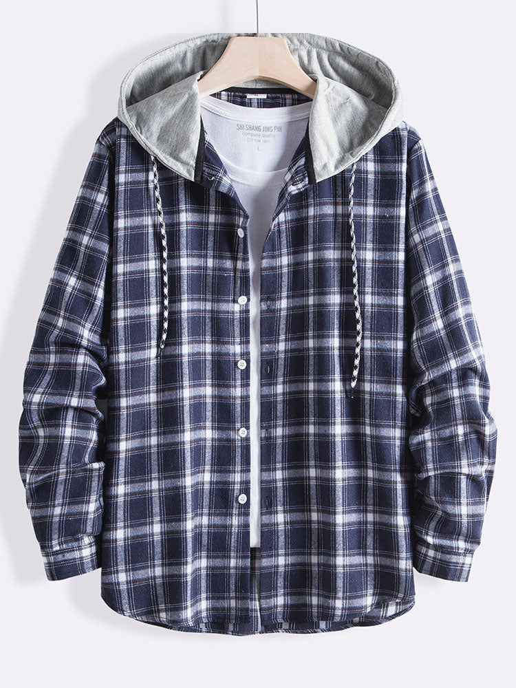 Plaid Drawstring Hooded Shirt